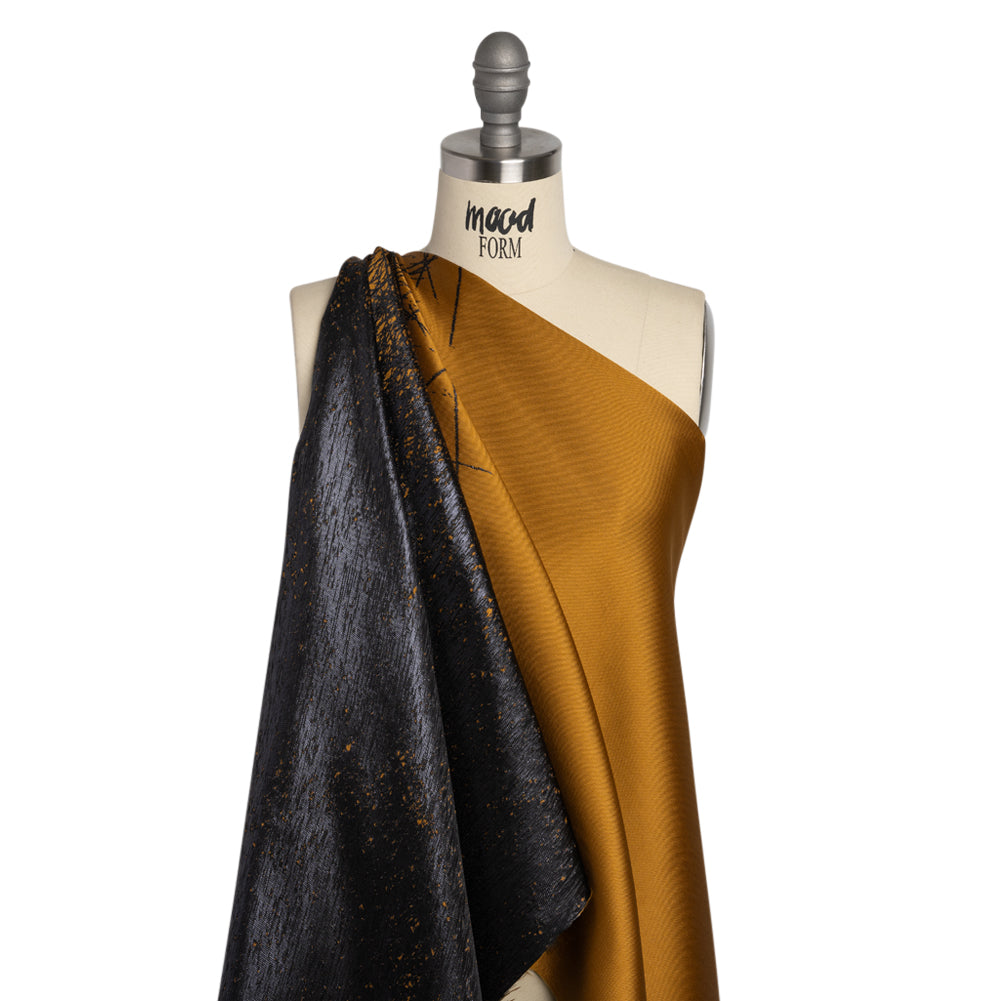 Metallic Black and Dark Gold Crosshatched Gradient Luxury Brocade - Drape
