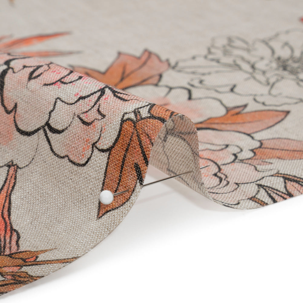 Oatmeal and Coral Fading Bouquet Medium Weight Linen Woven