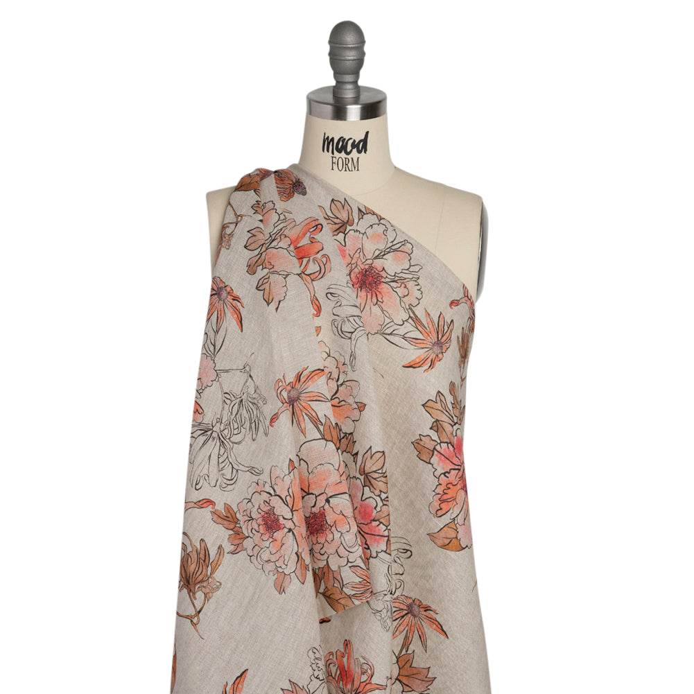 Oatmeal and Coral Fading Bouquet Medium Weight Linen Woven