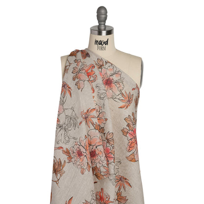 Oatmeal and Coral Fading Bouquet Medium Weight Linen Woven