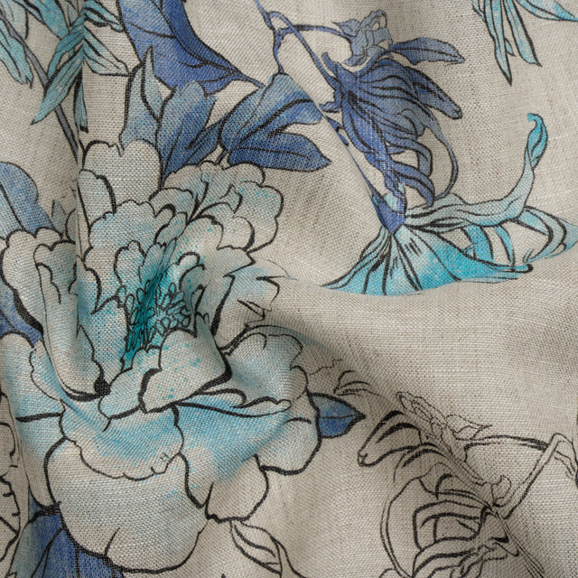 Oatmeal and Blue Fading Bouquet Medium Weight Linen Woven