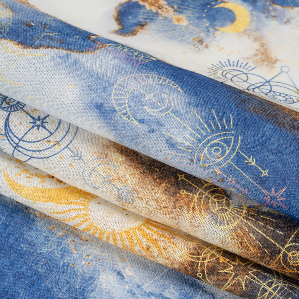 Blue and Gold Suns and Stars Medium Weight Linen Woven - Folded