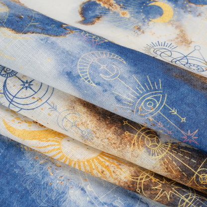 Blue and Gold Suns and Stars Medium Weight Linen Woven