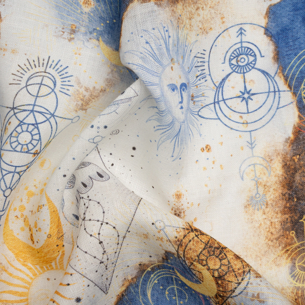 Blue and Gold Suns and Stars Medium Weight Linen Woven