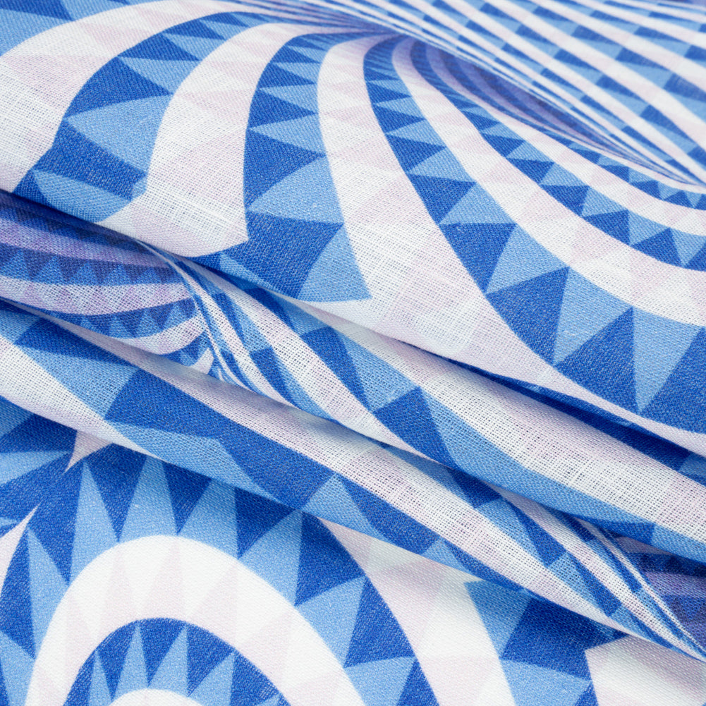 Blue, White and Palest Pink Spiralling Tunnels Medium Weight Linen Woven - Folded
