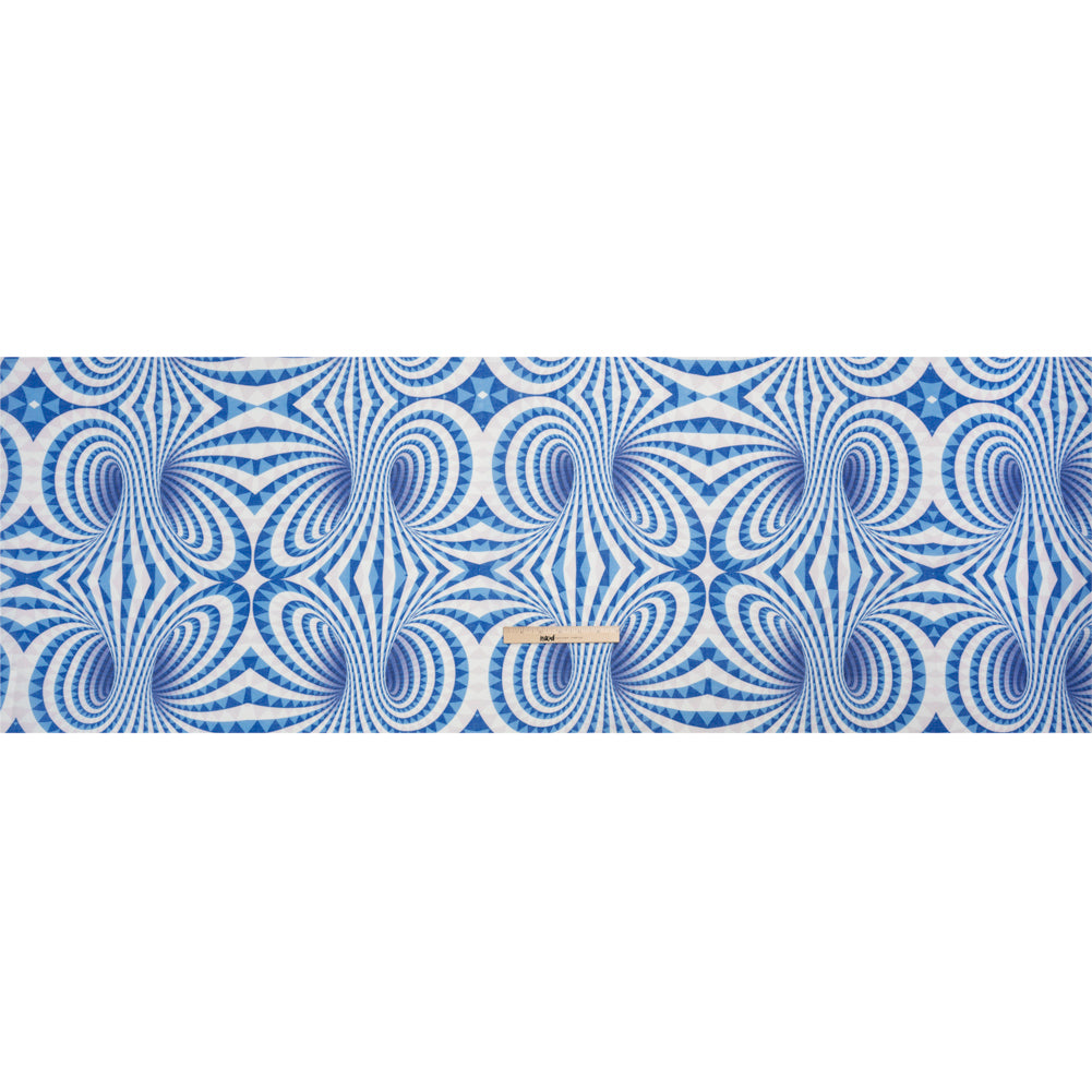 Blue, White and Palest Pink Spiralling Tunnels Medium Weight Linen Woven - Full
