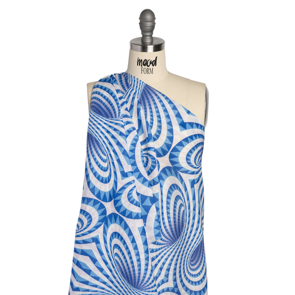 Blue, White and Palest Pink Spiralling Tunnels Medium Weight Linen Woven - Drape