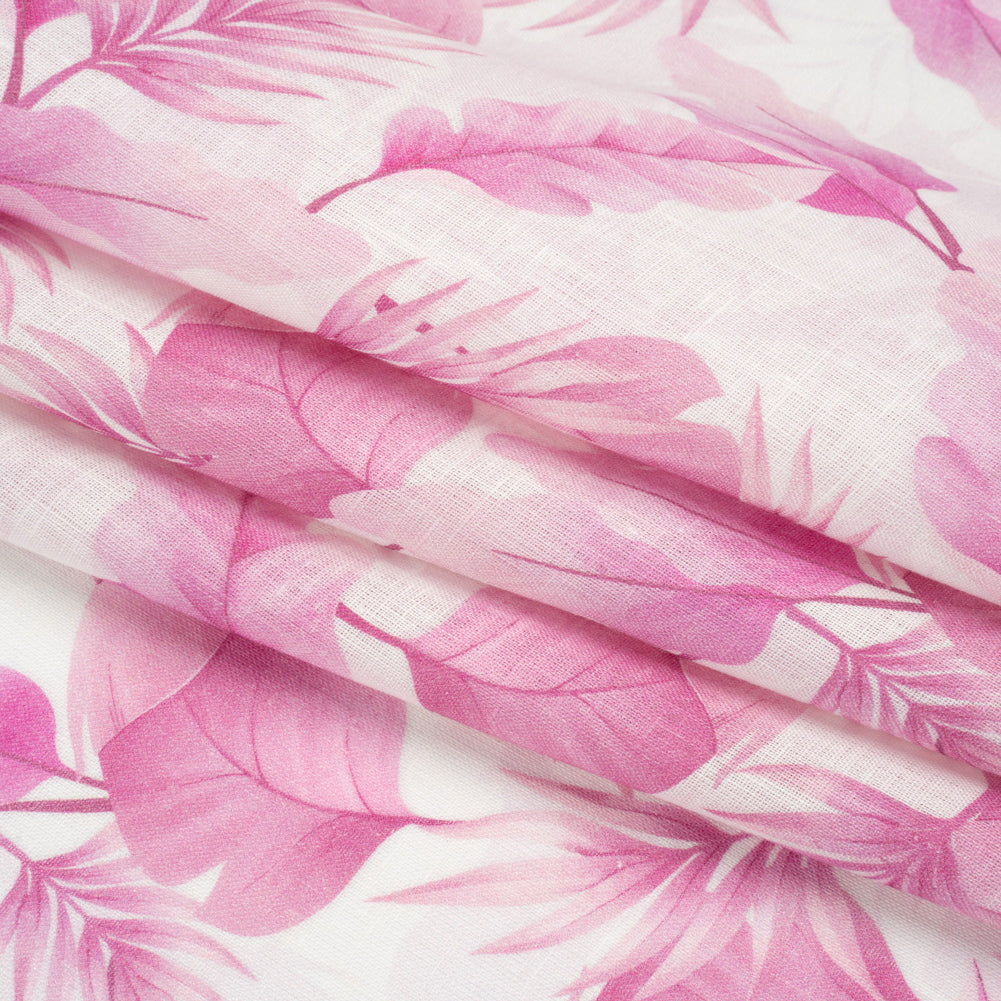 Pink and White Leaves Medium Weight Linen Woven - Folded