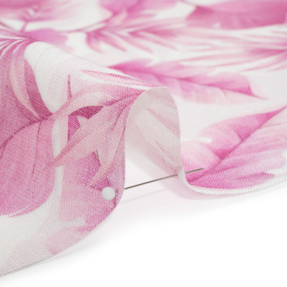 Pink and White Leaves Medium Weight Linen Woven - Detail
