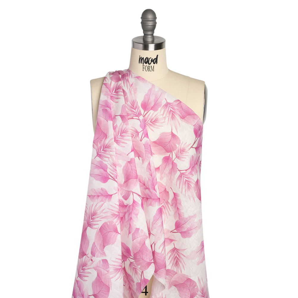 Pink and White Leaves Medium Weight Linen Woven - Drape