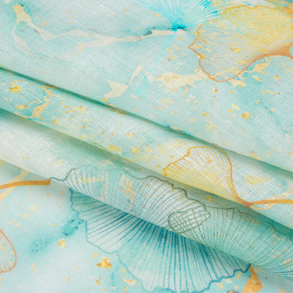 Dark Aqua and Sunshine Floating Ginkgo Leaves Medium Weight Linen Woven - Folded
