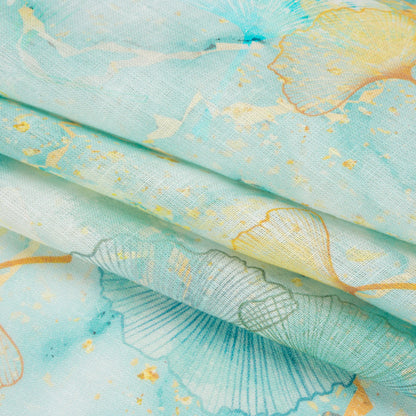 Dark Aqua and Sunshine Floating Ginkgo Leaves Medium Weight Linen Woven