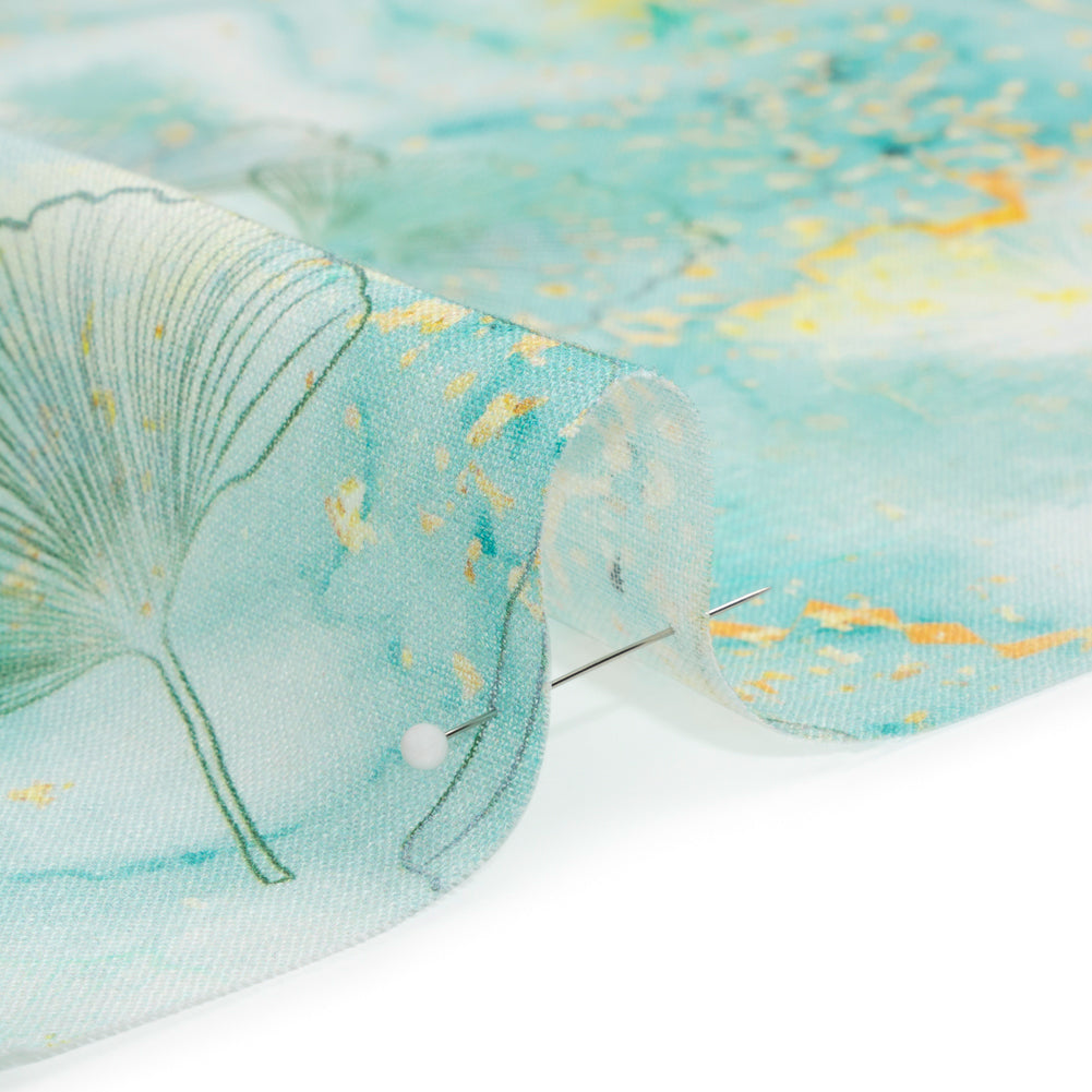 Dark Aqua and Sunshine Floating Ginkgo Leaves Medium Weight Linen Woven - Detail