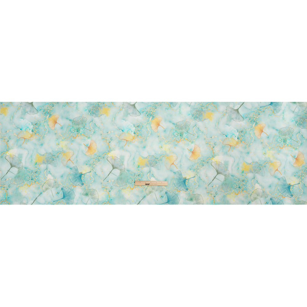 Dark Aqua and Sunshine Floating Ginkgo Leaves Medium Weight Linen Woven - Full