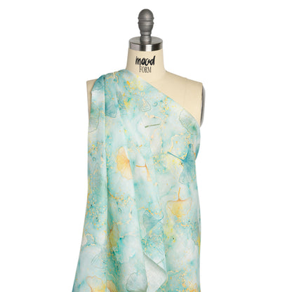 Dark Aqua and Sunshine Floating Ginkgo Leaves Medium Weight Linen Woven
