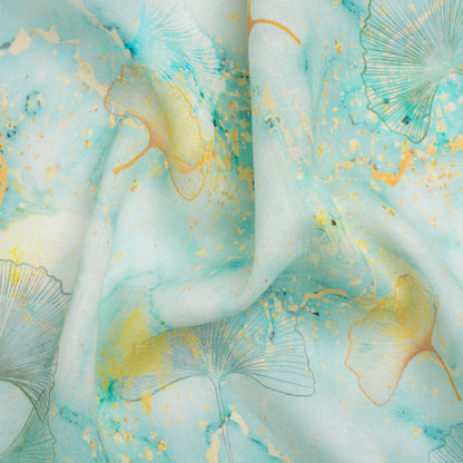 Dark Aqua and Sunshine Floating Ginkgo Leaves Medium Weight Linen Woven