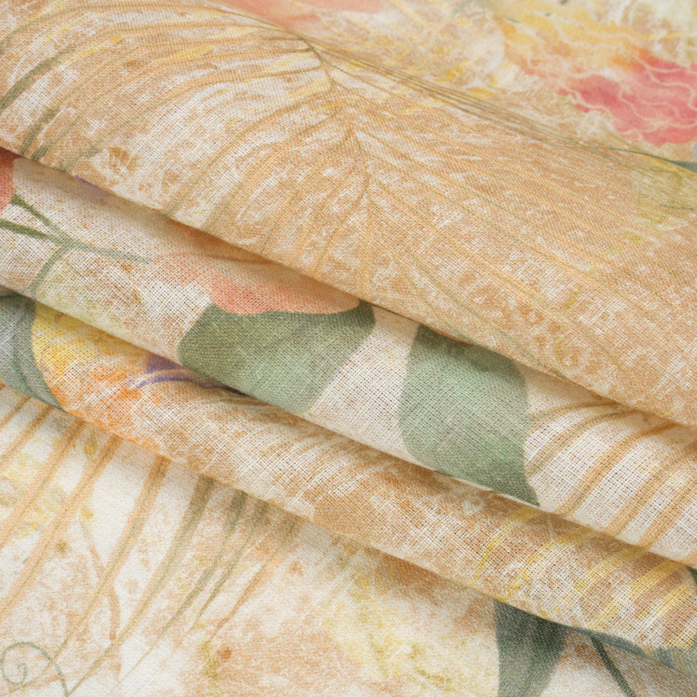 Tan, Rose, and Violet Lilies and Magnolias Medium Weight Linen Woven - Folded