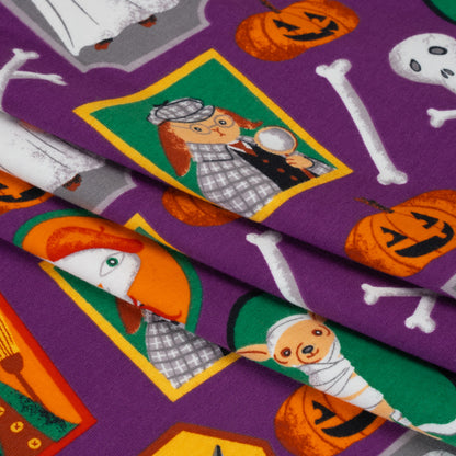 Stretch Organic Cotton Jersey - Purple, Orange and Green Halloween Pet Portraits - Deadstock