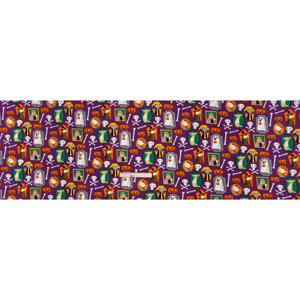 Stretch Organic Cotton Jersey - Purple, Orange and Green Halloween Pet Portraits - Deadstock