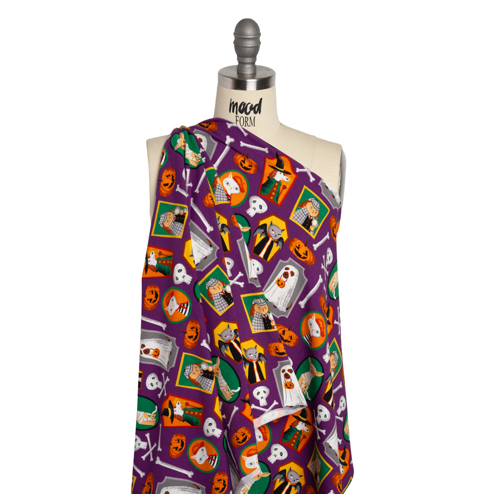 Stretch Organic Cotton Jersey - Purple, Orange and Green Halloween Pet Portraits - Deadstock