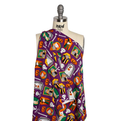 Stretch Organic Cotton Jersey - Purple, Orange and Green Halloween Pet Portraits - Deadstock