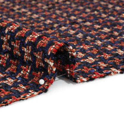 Navy, Red and Metallic Gold Houndstooth Chenille Fringe Tweedy Acrylic Woven Detail