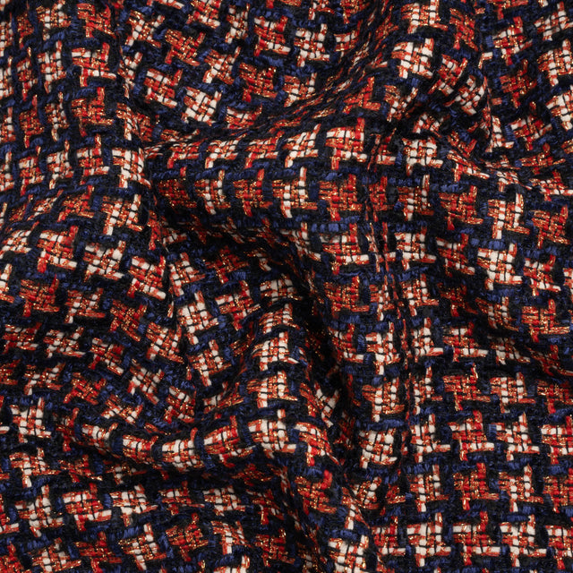 Navy, Red and Metallic Gold Houndstooth Chenille Fringe Tweedy Acrylic Woven