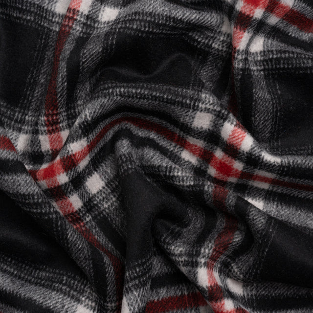 Black, Red and Cream Plaid Brushed Wool Blend Twill Coating