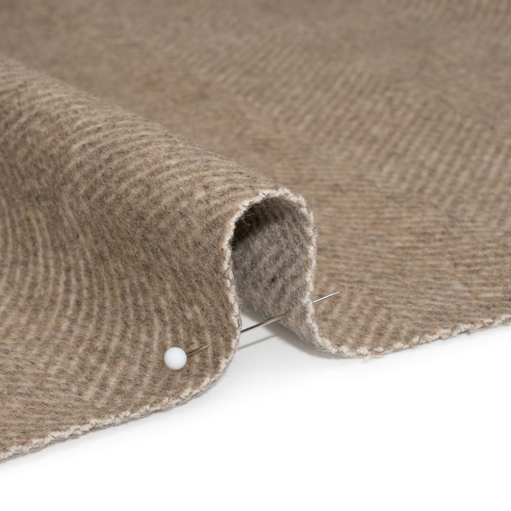 Dark Beige and Cream Herringbone Brushed Wool Blend Twill Coating Folded