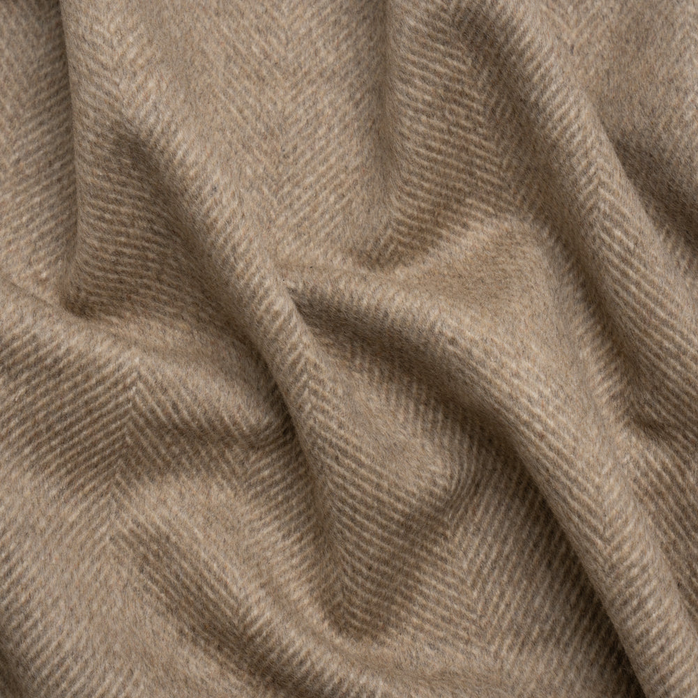 Dark Beige and Cream Herringbone Brushed Wool Blend Twill Coating