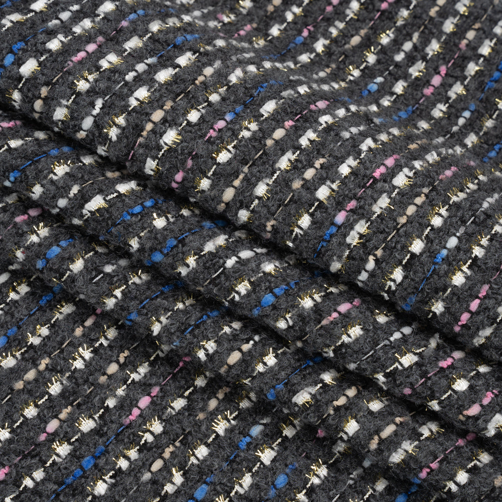 Charcoal, Pink and Blue Boucle Striped Acrylic Tweed Folded