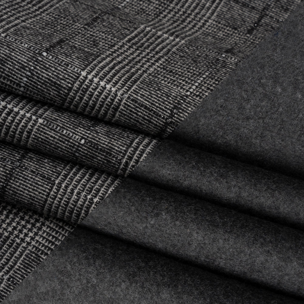 Black, White and Gray Glen Plaid Wool Blend Double Cloth Coating with Metallic Accents Folded