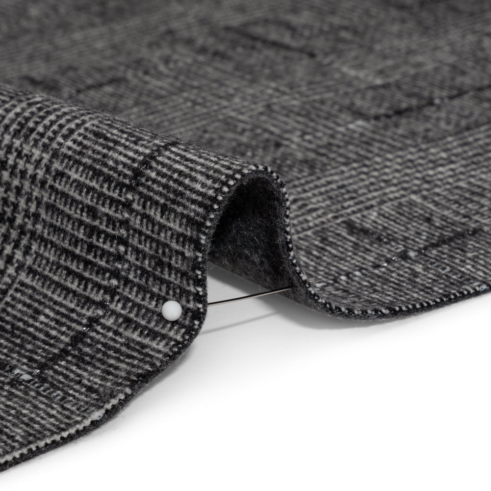 Black, White and Gray Glen Plaid Wool Blend Double Cloth Coating with Metallic Accents Detail