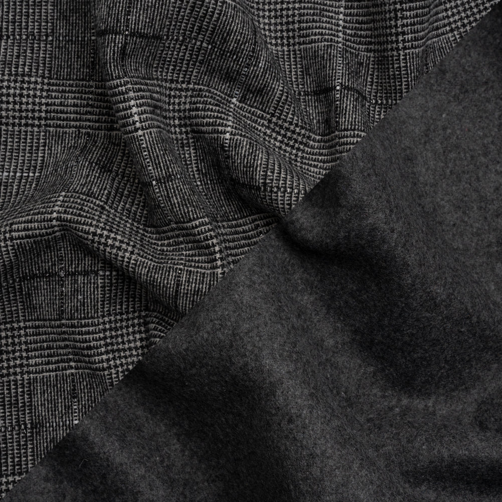 Black, White and Gray Glen Plaid Wool Blend Double Cloth Coating with Metallic Accents