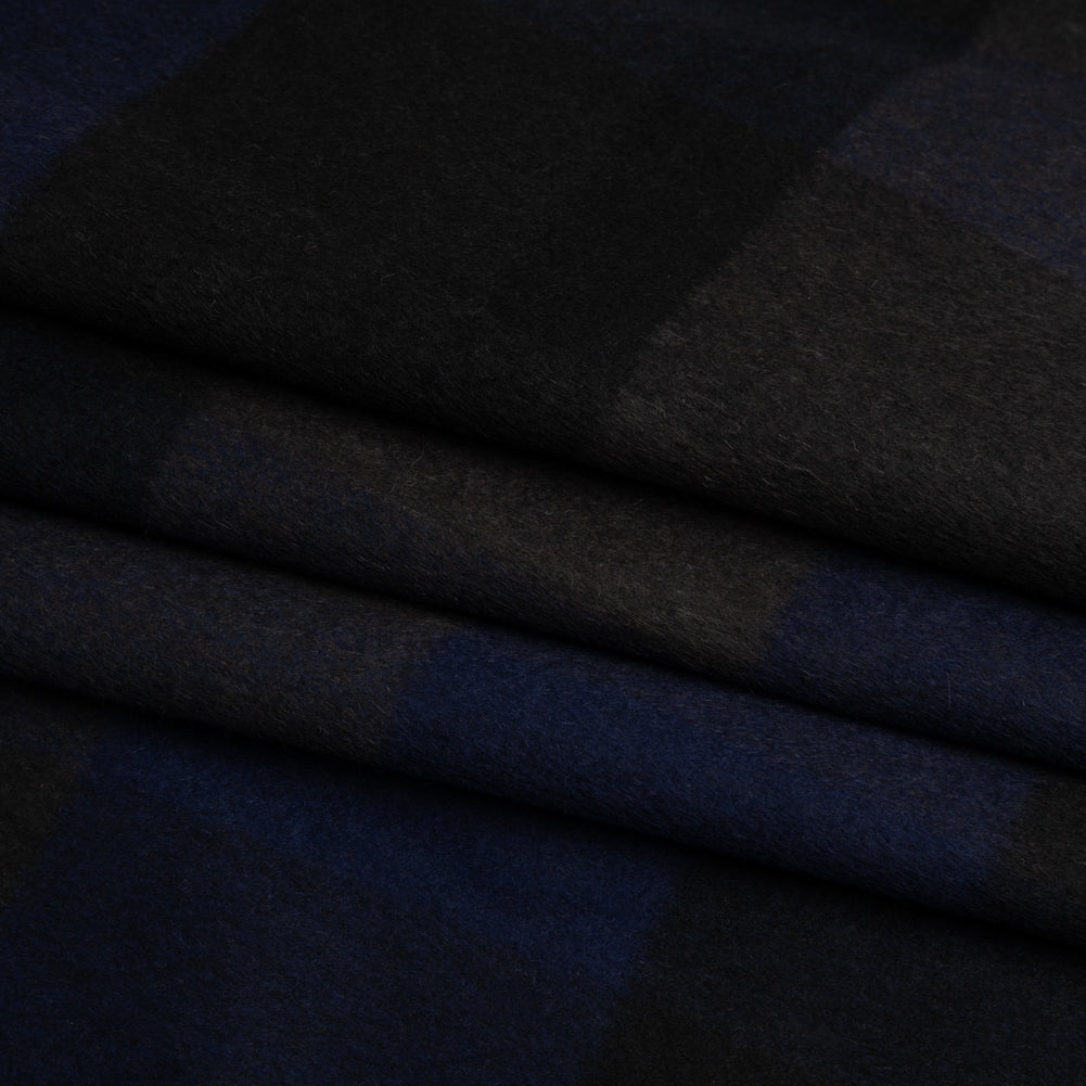 Black, Navy and Charcoal Checked Brushed Wool Blend Twill Coating Folded