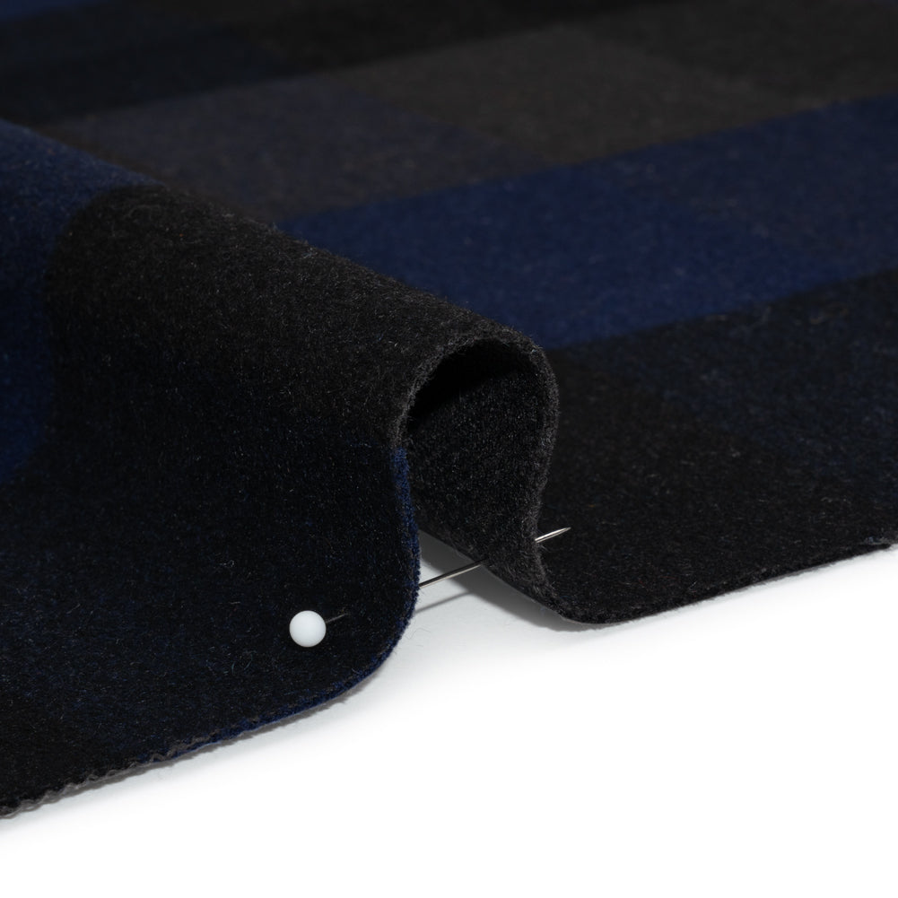 Black, Navy and Charcoal Checked Brushed Wool Blend Twill Coating Detail