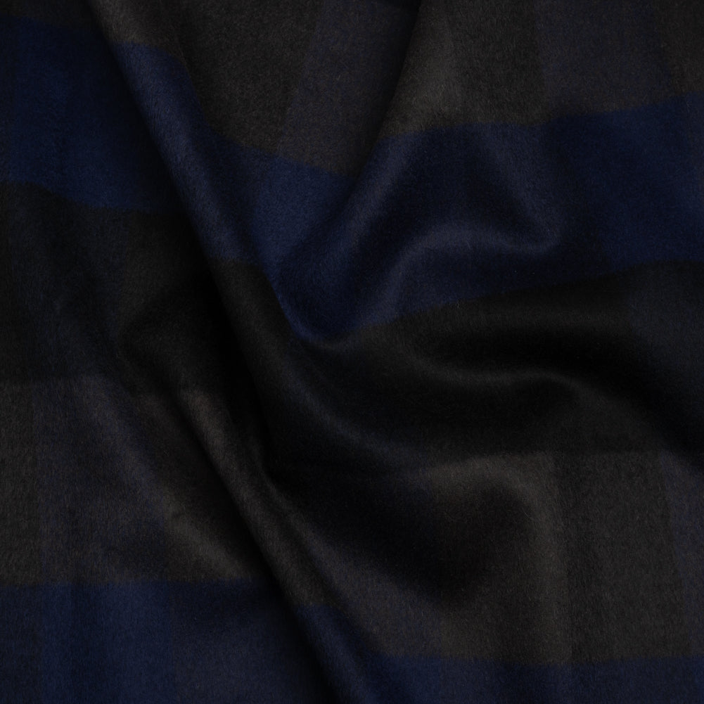 Black, Navy and Charcoal Checked Brushed Wool Blend Twill Coating