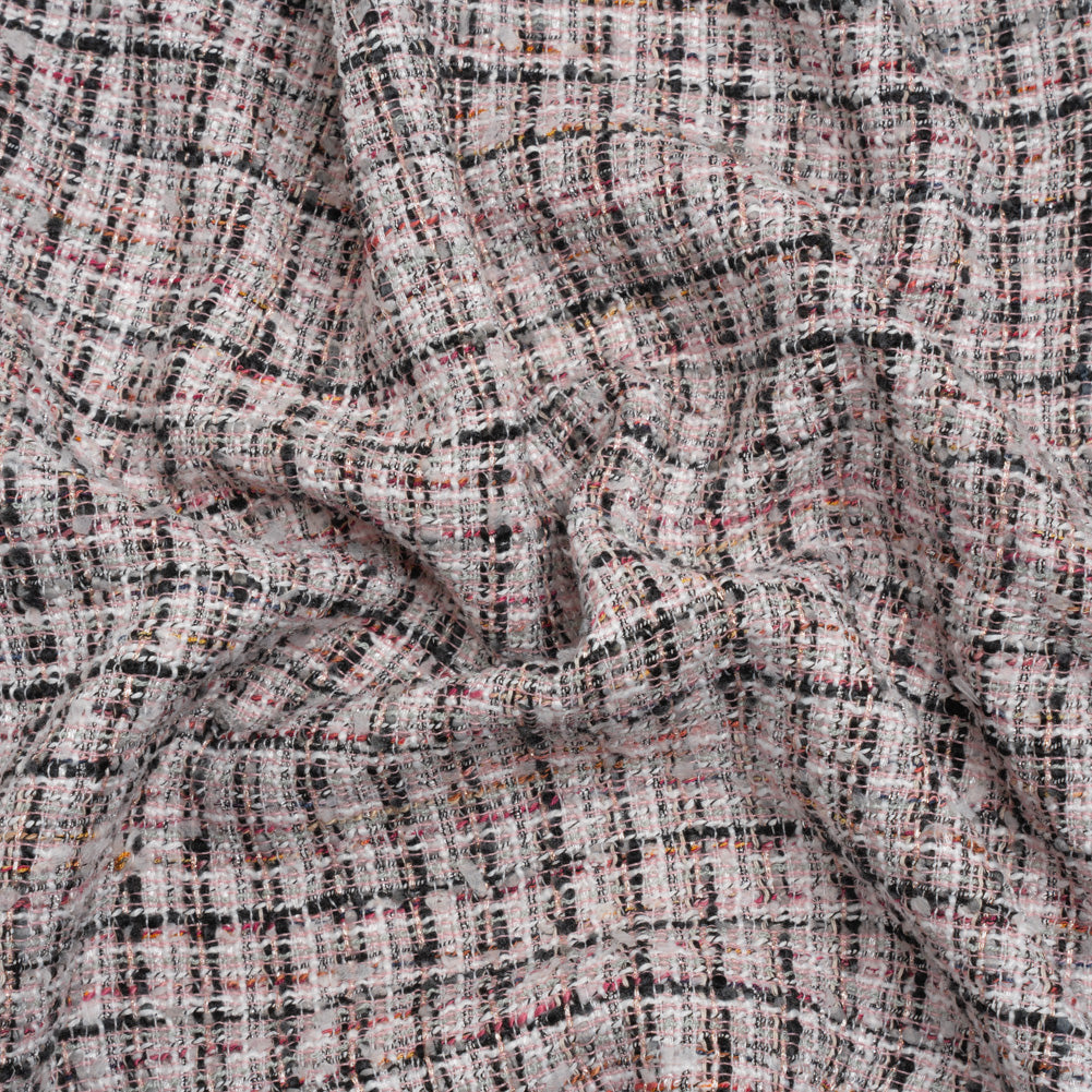 Pink, Black and White Checked Cotton and Acrylic Tweed