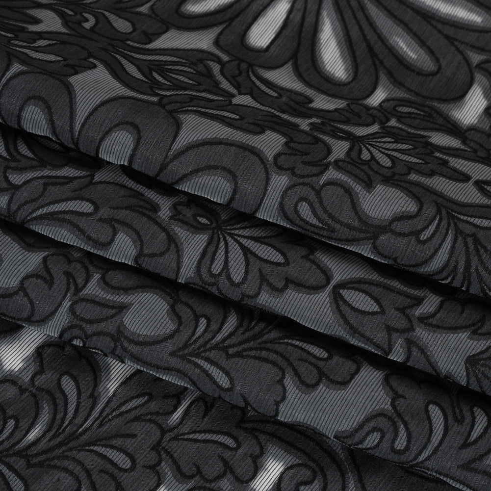 Cotton Blend Burnout Jacquard - Charcoal and Black Floral Folded
