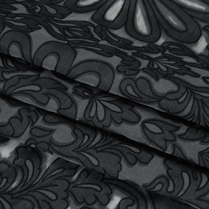 Cotton Blend Burnout Jacquard - Charcoal and Black Floral Folded