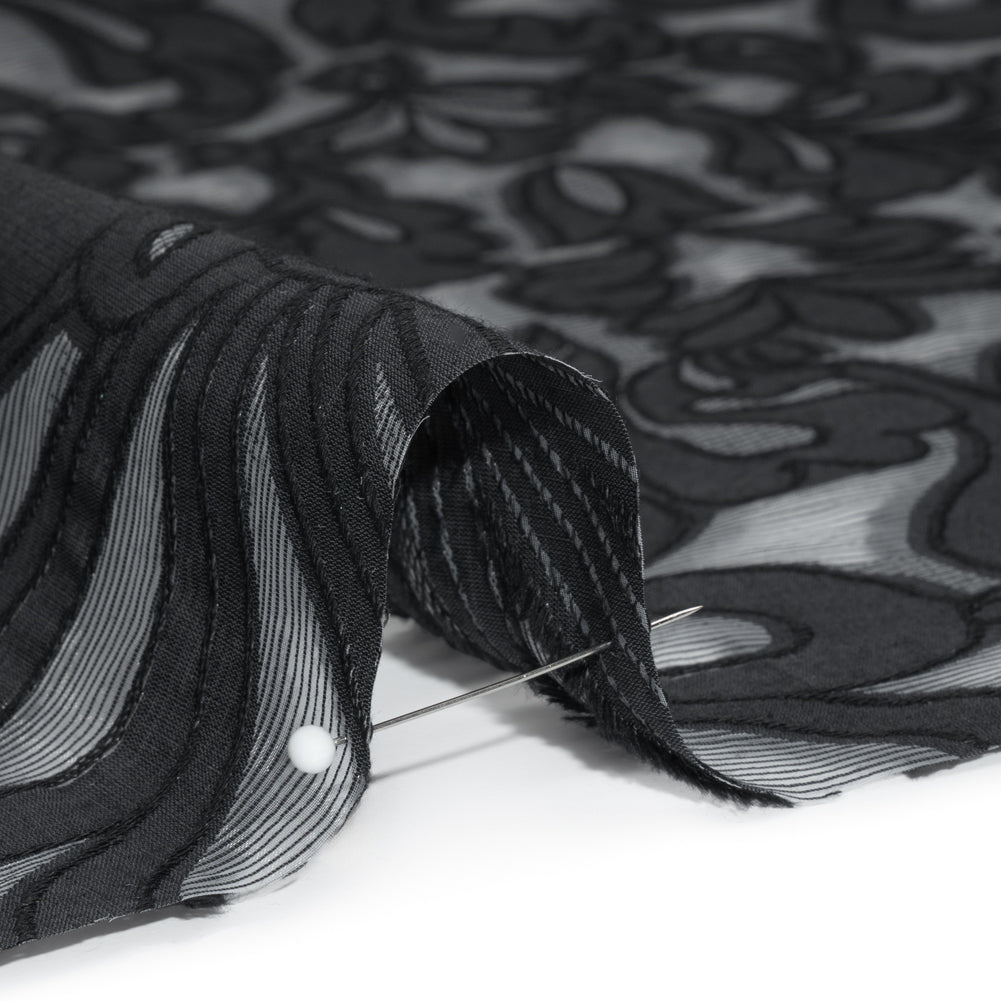 Cotton Blend Burnout Jacquard - Charcoal and Black Floral Detail