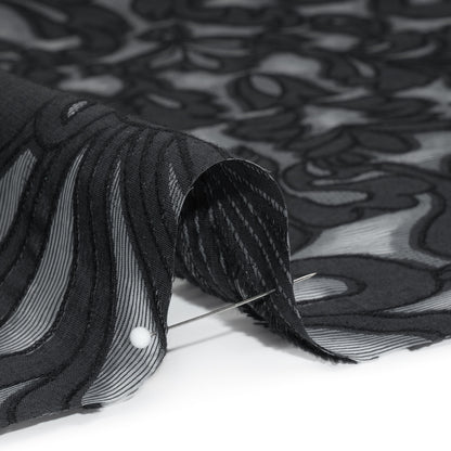 Cotton Blend Burnout Jacquard - Charcoal and Black Floral Detail