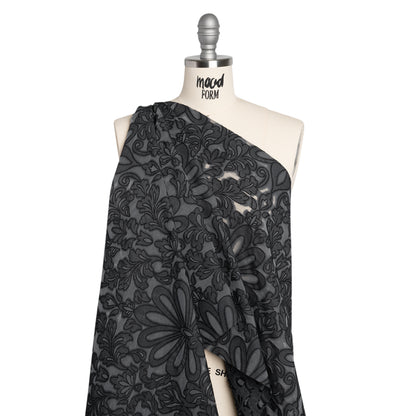 Cotton Blend Burnout Jacquard - Charcoal and Black Floral Drape