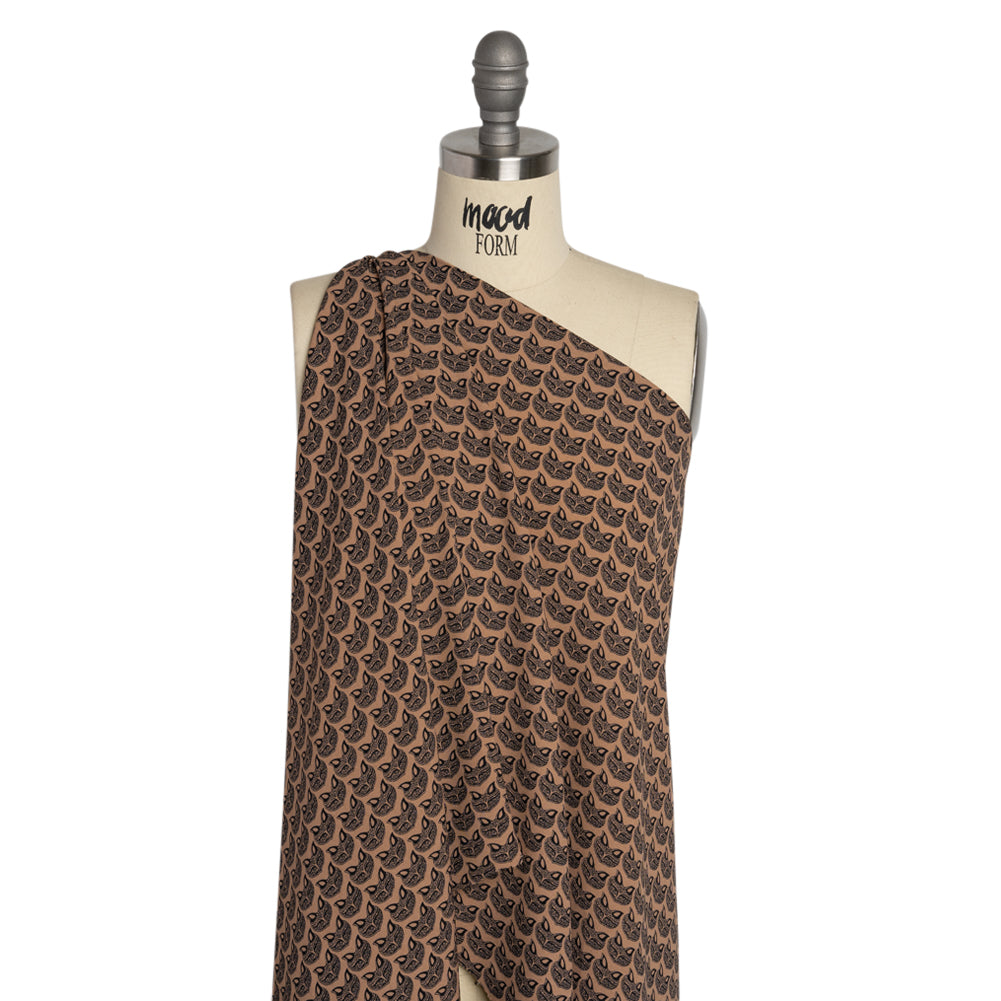 Tan and Black Fox Faces Printed Polyester Woven Drape