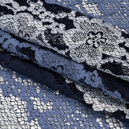 White, Blue and Navy Floral Stripes Re-Embroidered Lace Folded