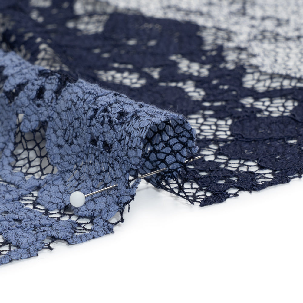 White, Blue and Navy Floral Stripes Re-Embroidered Lace Detail