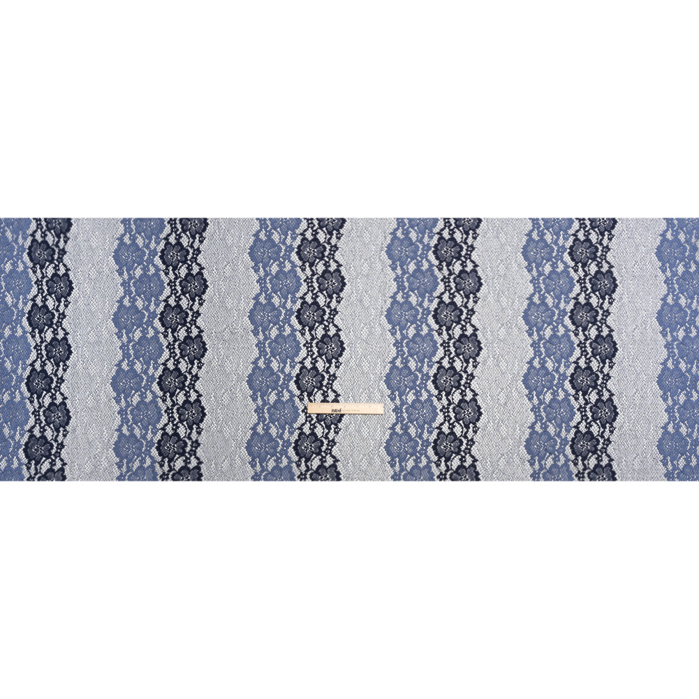 White, Blue and Navy Floral Stripes Re-Embroidered Lace Full