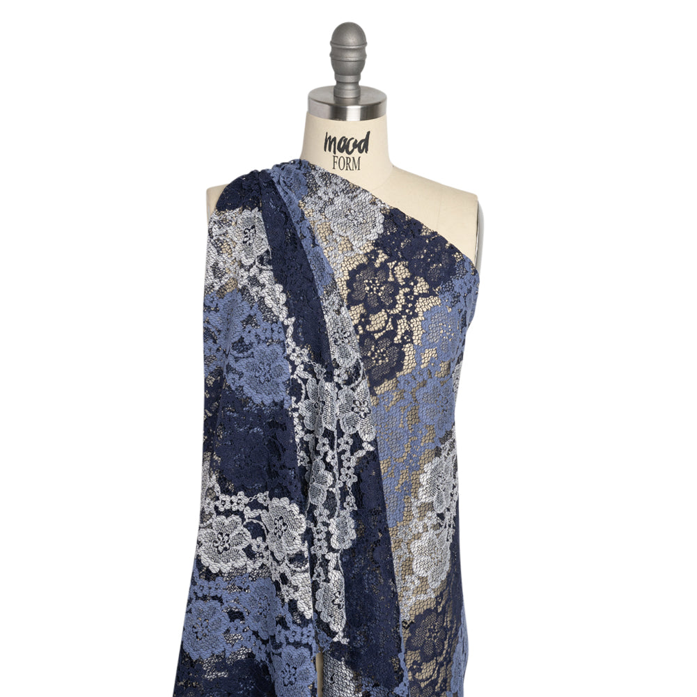 White, Blue and Navy Floral Stripes Re-Embroidered Lace Drape