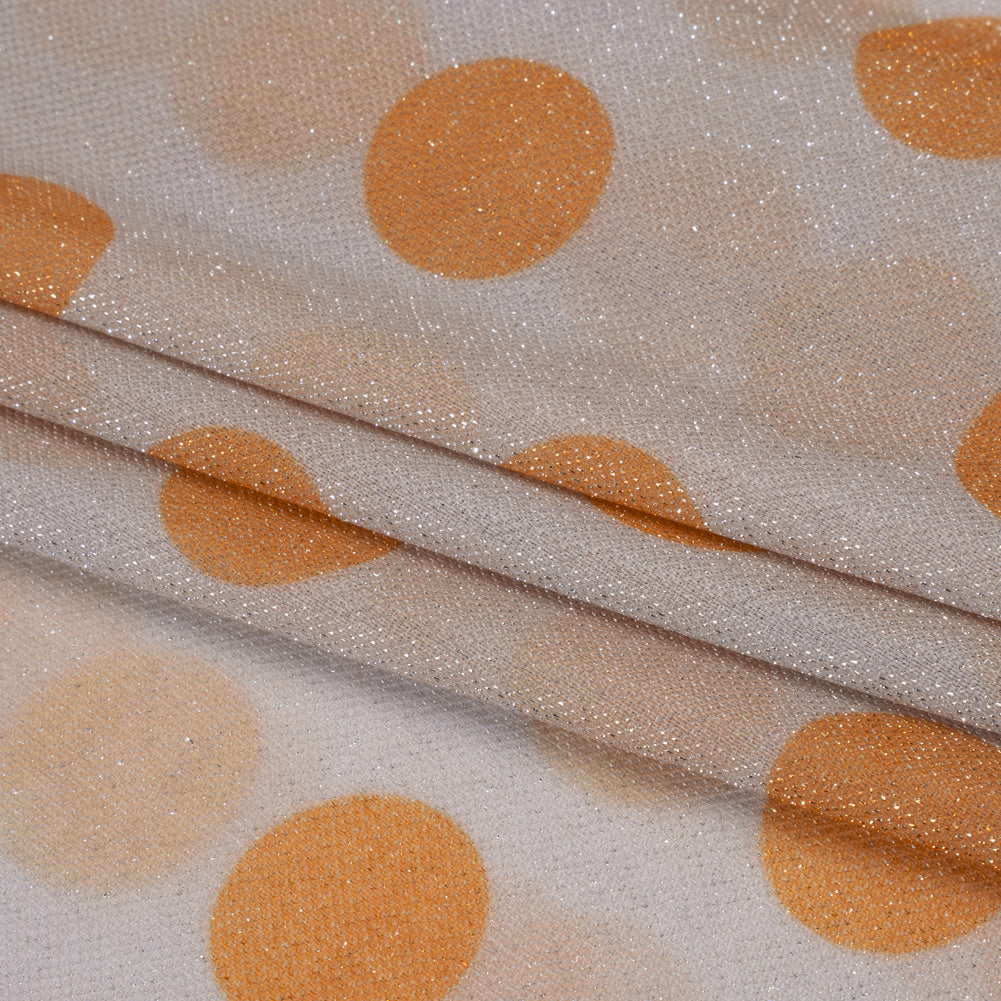 Metallic Silver, Light Mauve and Orange Polka Dots Lightweight Polyester Tricot Folded