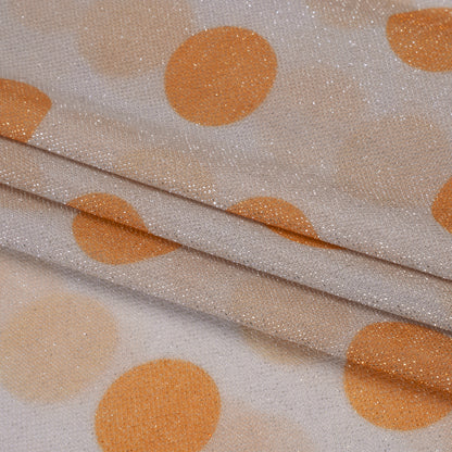 Metallic Silver, Light Mauve and Orange Polka Dots Lightweight Polyester Tricot Folded